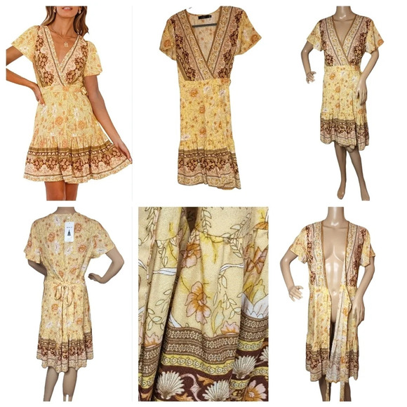 NWT Zesica Wrap Dress Yellow Floral Size Small - Picture 2 of 16